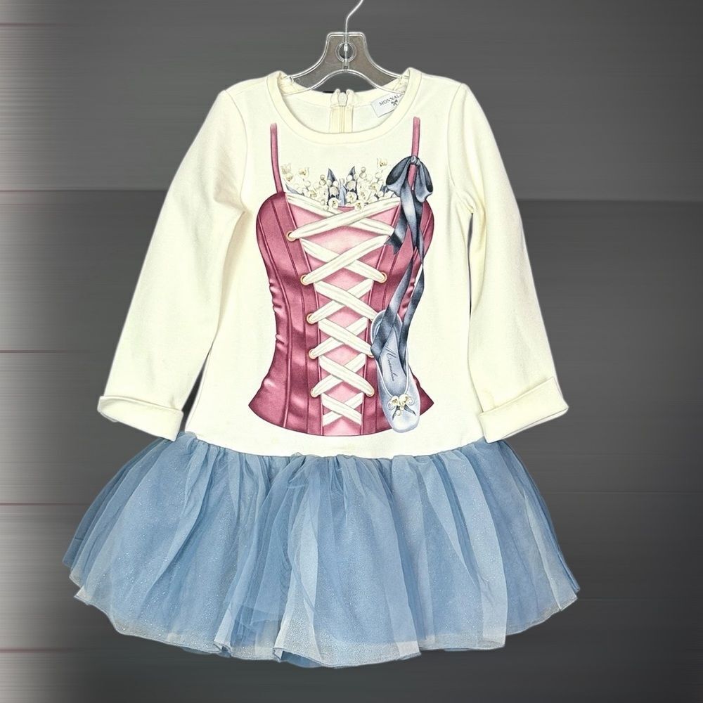 Monnalisa Dress Tulle Skirt White Blue Ballet Tutu Print Long Sleeve sz 5 (110)